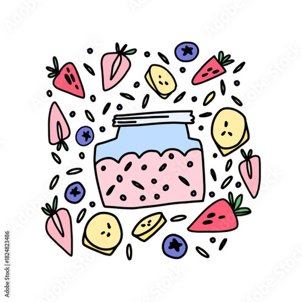 Obraz Overnight lazy no-cook oats in a jar among oatmeal, chia seeds, and fresh berries, chia pudding