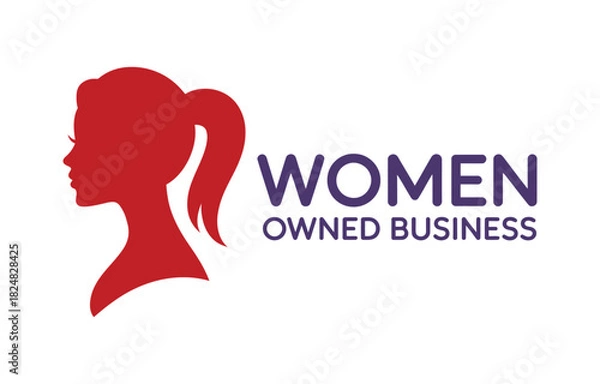 Obraz A red silhouette of a woman's head with a ponytail is displayed next to the words 'WOMEN OWNED BUSINESS' in purple and blue text.