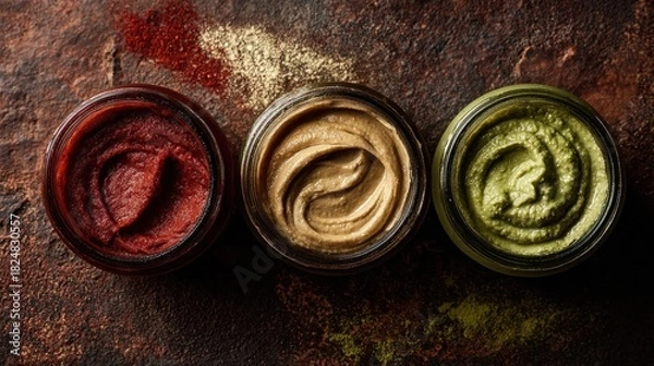 Obraz Three jars of colorful sauces displayed with ground spices overhead view