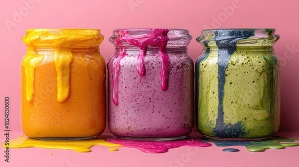 Obraz Colorful paint jars with dripping texture against a simple vibrant backdrop