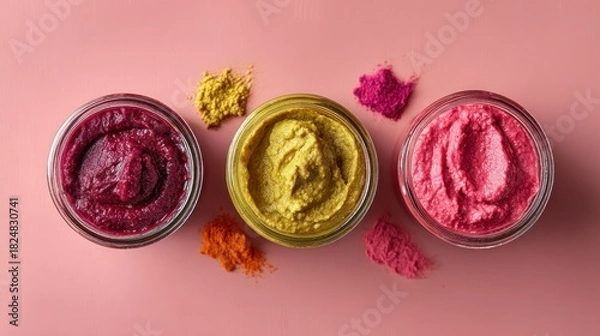 Obraz Colorful food spreads in glass jars on pink background top view copy space