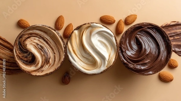 Obraz Gourmet dessert bowls with swirls and almonds on neutral background