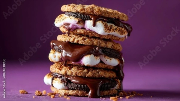 Fototapeta Stacked dessert with dripping chocolate and marshmallow on a purple background
