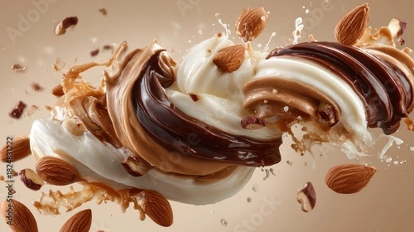 Obraz Delicious swirls of chocolate cream and nuts with splashes and movement