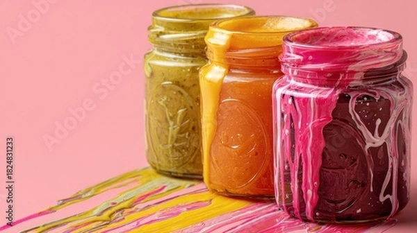 Obraz Colorful jars with liquid contents on a vibrant pink background for creative use