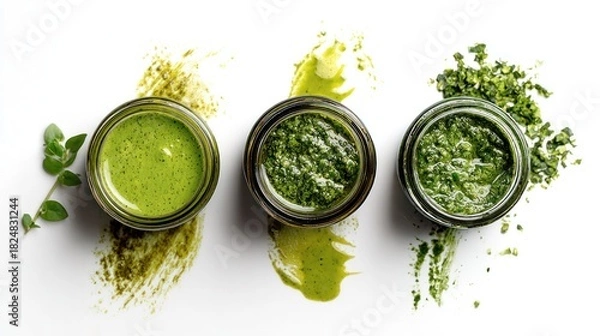 Obraz Overhead view of three jars with green sauce and herb sprig on white