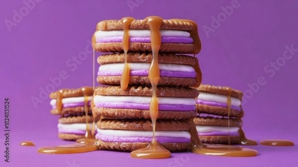 Obraz Stacked dessert sandwiches with caramel drizzle against a purple background