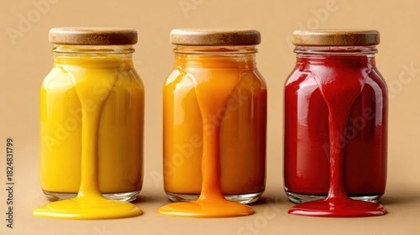 Obraz Three glass jars of colorful liquid flowing down with wooden lids isolated