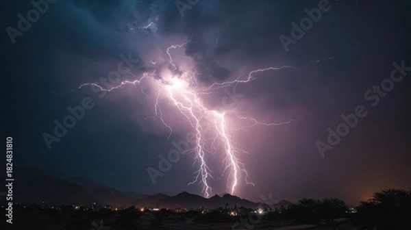 Fototapeta Dramatic lightning strikes across night sky with intense electrical storm