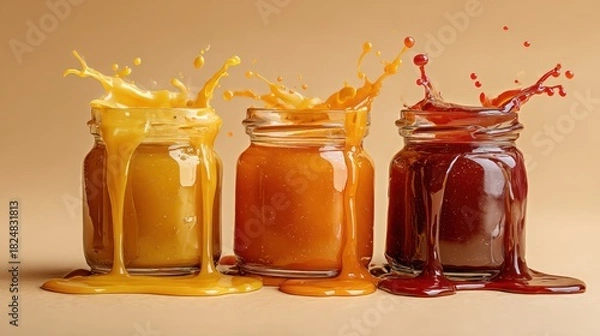 Fototapeta Three jars of spilled sweet liquid with colorful splashes on neutral background