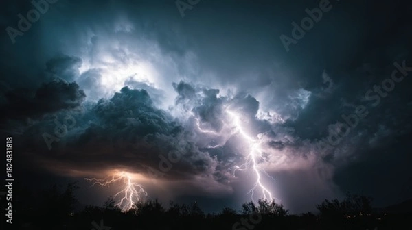 Obraz Dramatic lightning strikes across stormy sky over silhouettes of trees