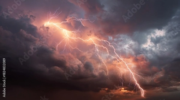Obraz Dramatic lightning strike against a backdrop of stormy dark clouds at night