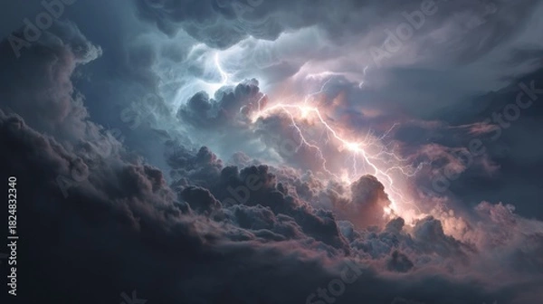 Fototapeta Dramatic storm clouds with lightning bolts striking across the sky