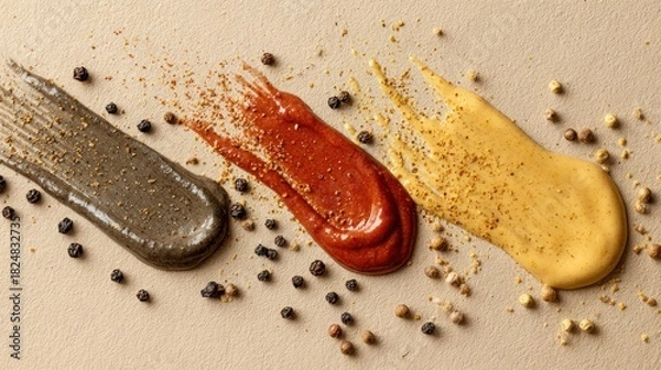 Obraz Three colorful food smears with spices and peppercorns on a light background