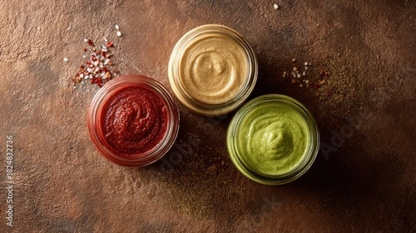 Obraz Three jars of sauces on a textured brown surface overhead view