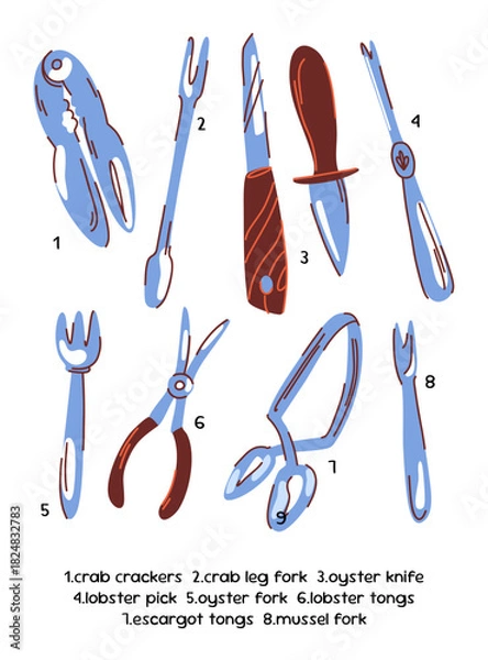 Obraz Large set of cutlery utensils for seafood, knives, tongs, forks and picks for crab, lobster, mussels