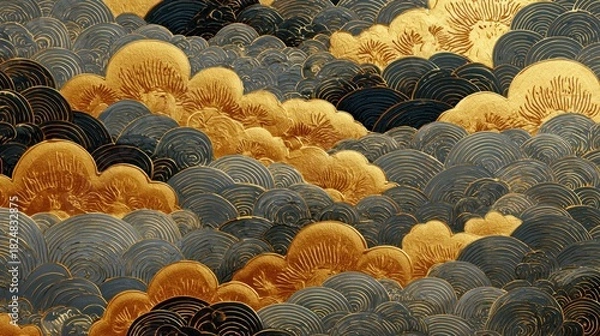 Obraz Abstract clouds illustration with gold and dark gray swirls artistic background