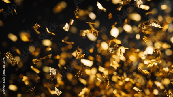 Fototapeta Goldenes Konfetti fällt vor schwarzem Hintergrund