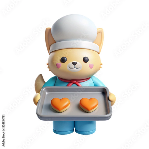 Fototapeta Cute 3D cat chef holding metal baking tray with two orange heart-shaped cookies, white chef hat, blue apron, glossy plastic texture, soft shadow, bakery mascot character, isolated, no background