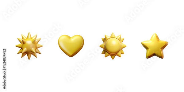Fototapeta Golden Shape Icon Set. 3D yellow symbols including spiked star, smooth heart, sunburst medallion and classic star in metallic yellow shine, glossy luxury style, reward and premium design elements, iso