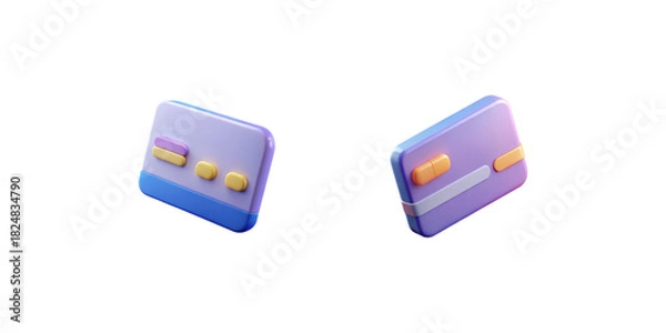 Fototapeta Credit Card Icons. 3D purple and blue credit card with yellow chip and glossy plastic texture, digital payment and online banking symbol, isolated icon