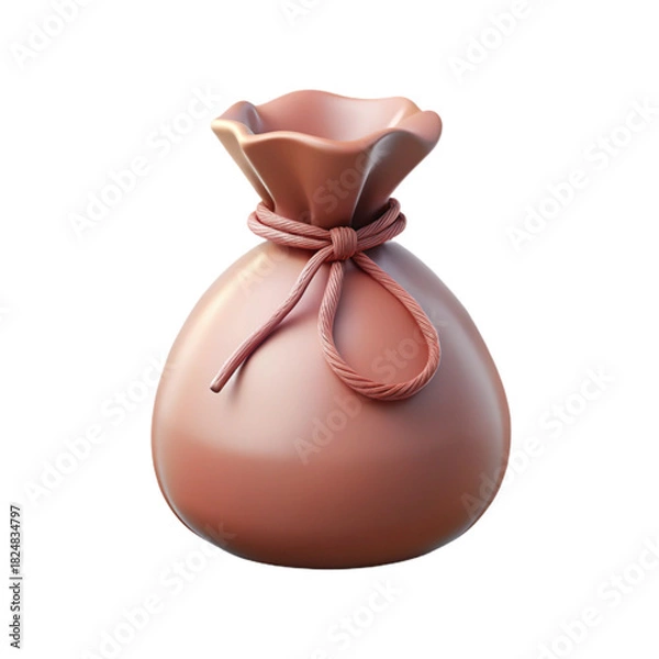 Fototapeta Money Bag Icon. Tied money bag in soft brown fabric texture with glossy highlights, classic wealth and cash storage symbol, isolated, no background