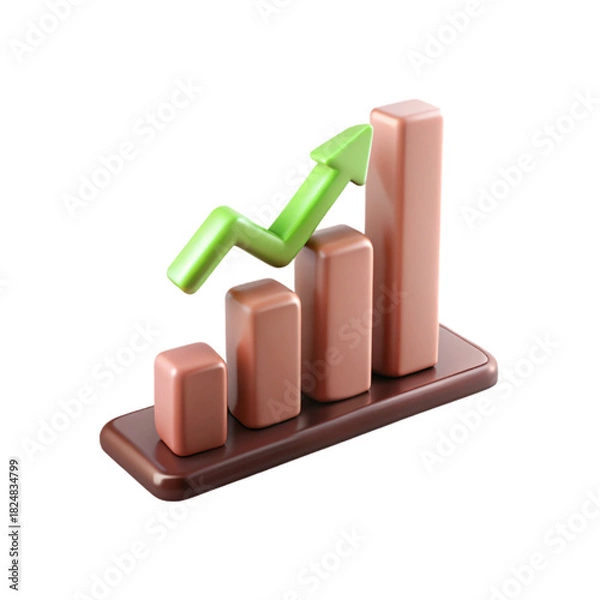 Fototapeta Growth Icon. 3D bar chart with ascending brown columns and bright green arrow pointing upward, glossy business analytics symbol, financial growth concept, isolated, no background