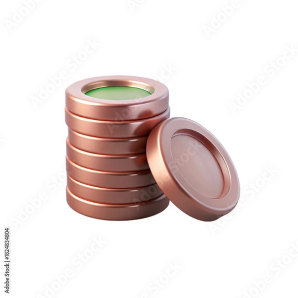 Fototapeta Copper coin stack with single coin leaning on side in metallic brown tones, glossy surface, soft shadow, savings and investment symbol, isolated, no background