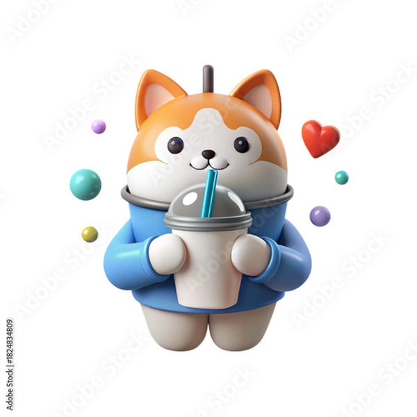 Fototapeta Cute 3D cat mascot holding milk tea cup with straw, orange white kitty and blue glossy plastic style, soft shadow, beverage and cafe symbol, isolated, no background