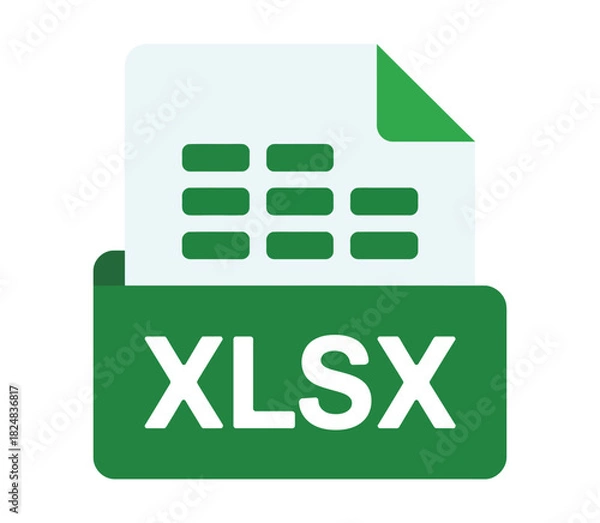 Obraz A green folder icon displays the XLSX file extension along with a document showcasing a spreadsheet grid, symbolizing data organization and digital information management.
