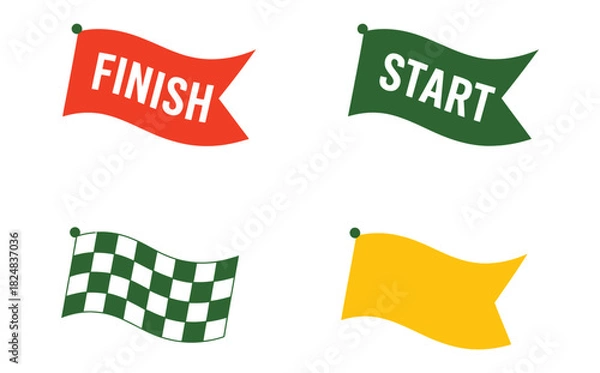 Obraz Red finish flag, green start flag, checkered flag, and a blank yellow flag are displayed in a four-quadrant arrangement on a white background.