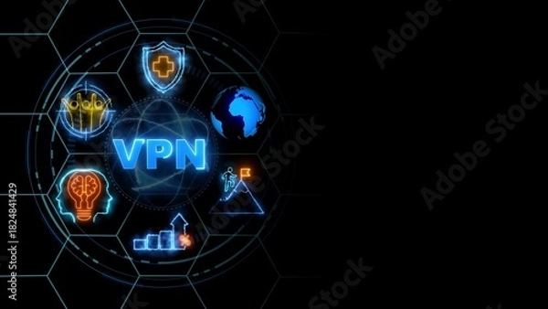 Fototapeta VPN concept, Business, Technology, Internet and network concept. glowing neon line of VPN banner web icons on virtual screen.
