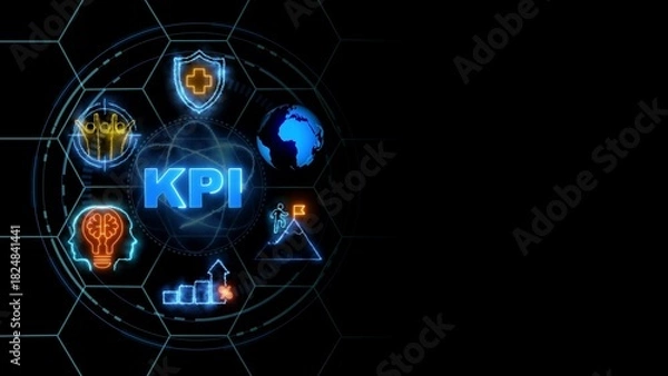Fototapeta KPI concept, Business, Technology, Internet and network concept. glowing neon line of KPI banner web icons on virtual screen.