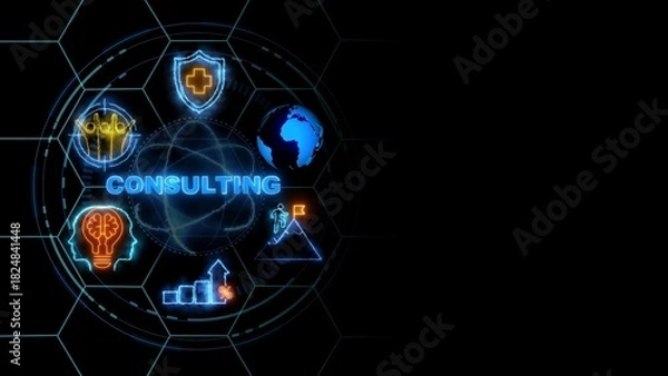 Fototapeta consulting concept, Business, Technology, Internet and network concept. glowing neon line of consulting banner web icons on virtual screen.