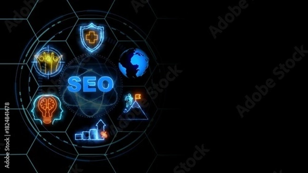 Fototapeta SEO concept, Business, Technology, Internet and network concept. glowing neon line of SEO banner web icons on virtual screen.