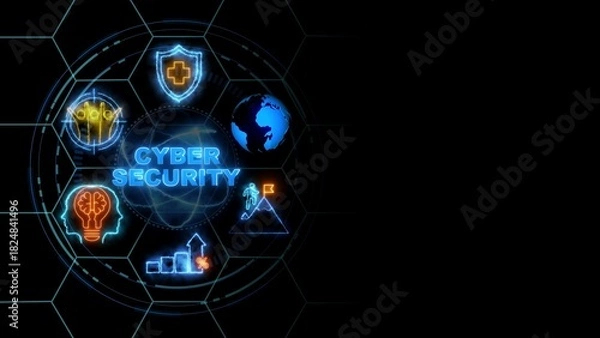 Fototapeta Cyber security concept, Business, Technology, Internet and network concept. glowing neon line of Cyber security banner web icons on virtual screen.