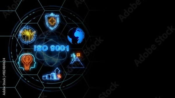 Fototapeta ISO 9001 concept, Business, Technology, Internet and network concept. glowing neon line of ISO 9001 banner web icons on virtual screen.