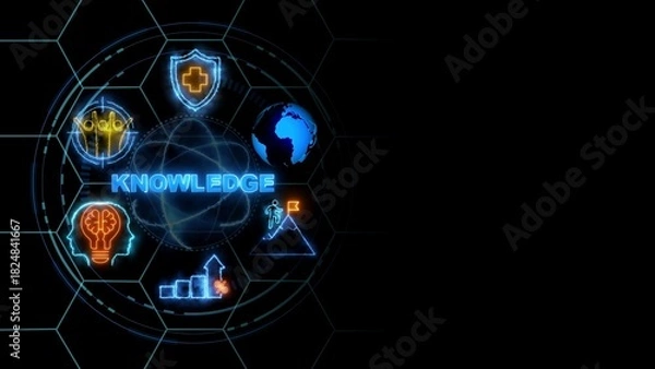 Fototapeta KNOWLEDGE concept, Business, Technology, Internet and network concept. glowing neon line of KNOWLEDGE banner web icons on virtual screen.