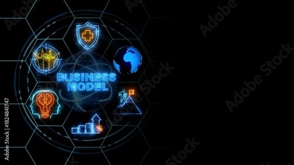 Fototapeta BUSINESS MODEL concept, Business, Technology, Internet and network concept. glowing neon line of BUSINESS MODEL banner web icons on virtual screen.