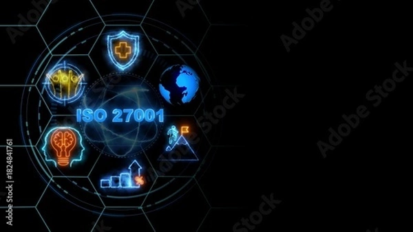Fototapeta ISO 27001 concept, Business, Technology, Internet and network concept. glowing neon line of ISO 27001 banner web icons on virtual screen.