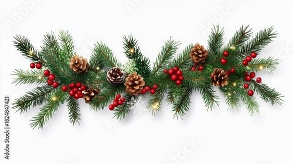 Fototapeta Festive Christmas Garland with Evergreen Branches and Red Berries on Transparent Background