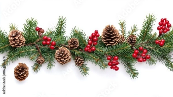 Fototapeta Festive Christmas Garland with Evergreen Branches and Red Berries on Transparent Background