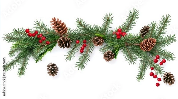 Fototapeta Festive Christmas Garland with Evergreen Branches and Red Berries on Transparent Background