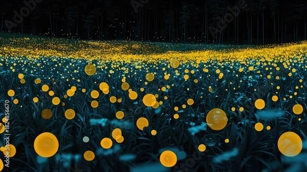 Fototapeta Nocturnal field illuminated by glowing orbs.
