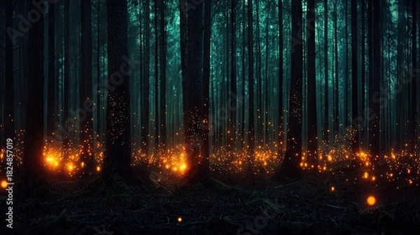 Fototapeta Mysterious forest floor illuminated by glowing lights.