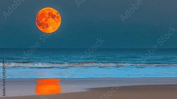 Fototapeta Large orange moon reflected on tranquil ocean shore.