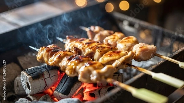 Fototapeta Sizzling glazed yakitori chicken skewers cooking over hot charcoal grill
