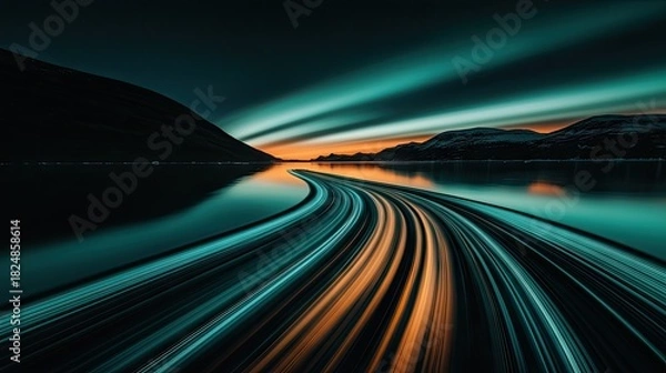 Fototapeta A mesmerizing night scene, reflecting a winding road on a calm lake.