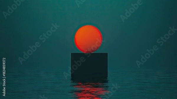 Fototapeta A vibrant orange orb rests atop a dark cube on a misty surface.