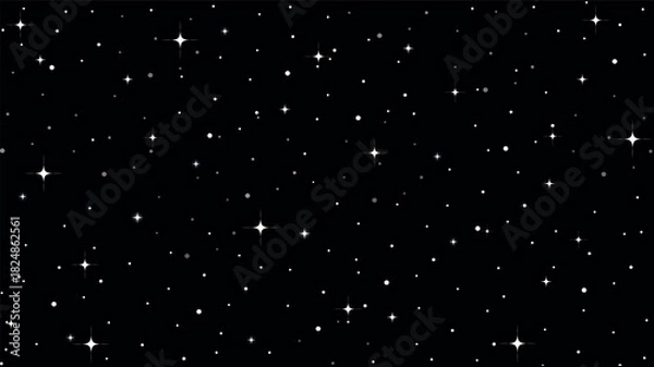 Obraz Numerous small, reflective glitter particles are scattered and falling against a deep black void.